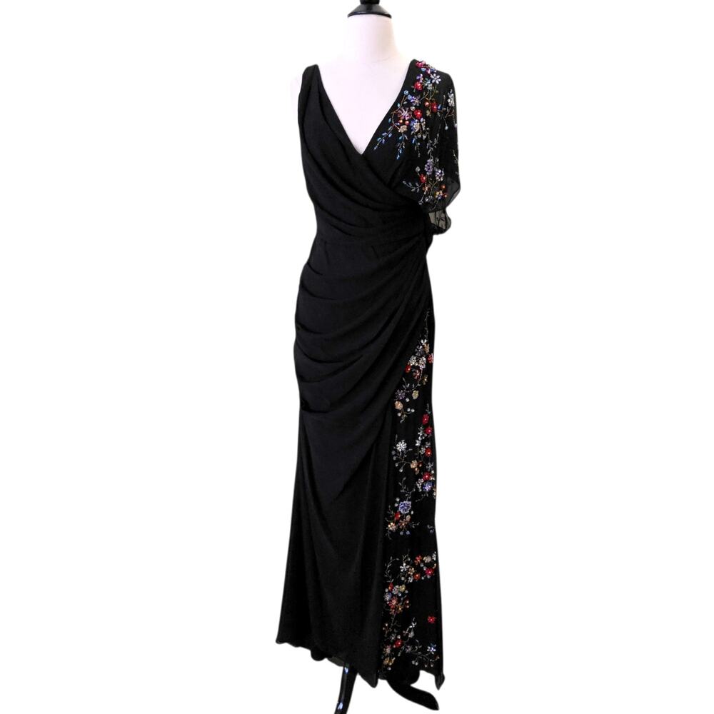 Mac Duggal Evening 26530 Beaded Floral Wrap 2 Gown Black Chiffon Embellished V - Picture 2 of 14